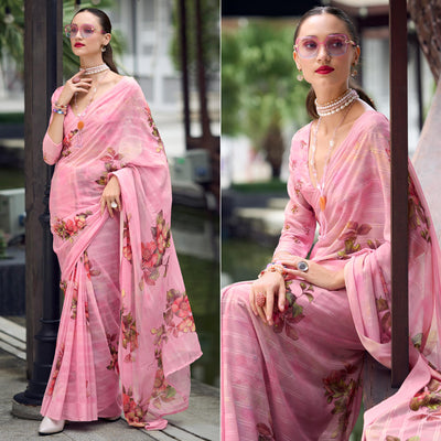 Pink Floral Digital Printed Georgette Saree
