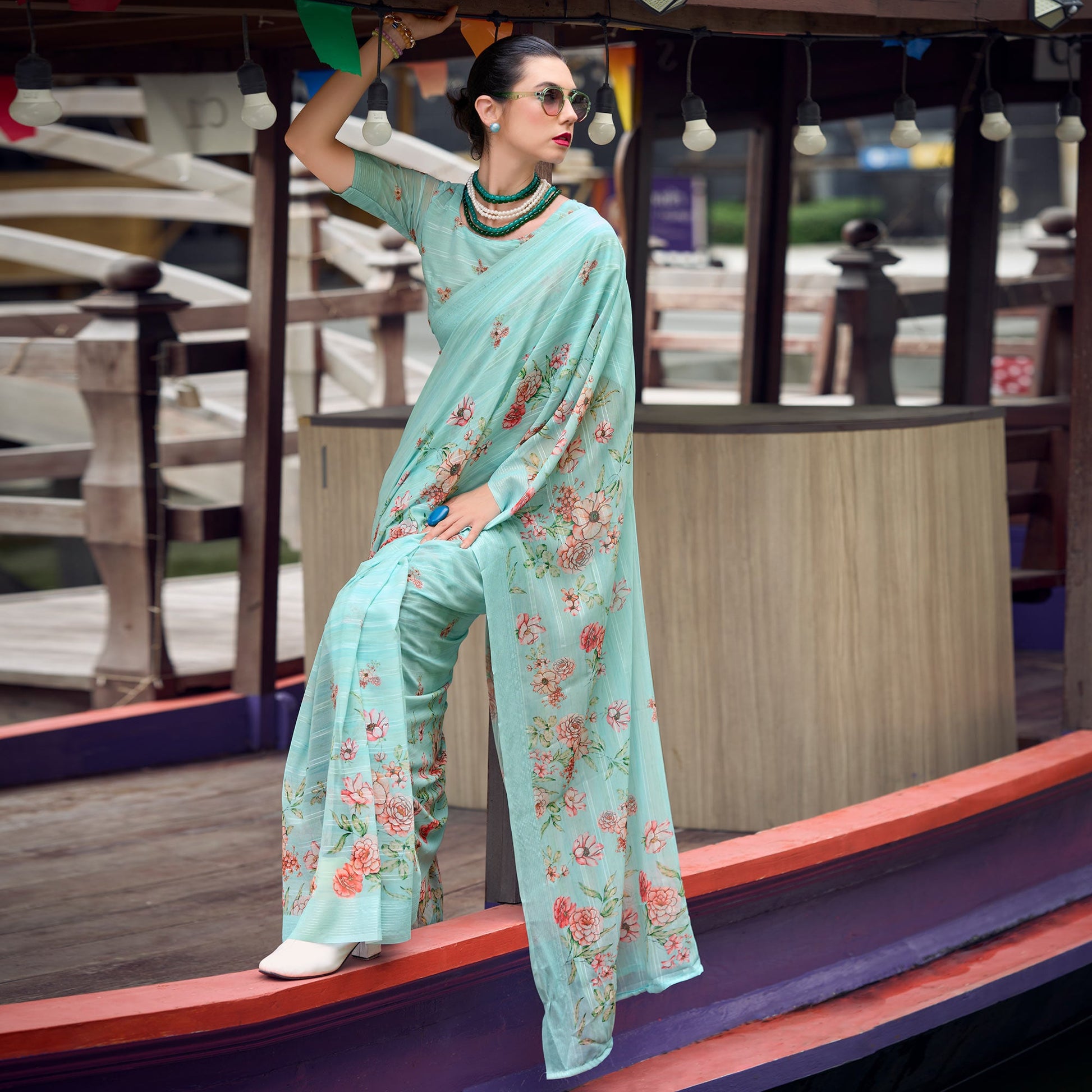 Blue Floral Digital Printed Georgette Saree