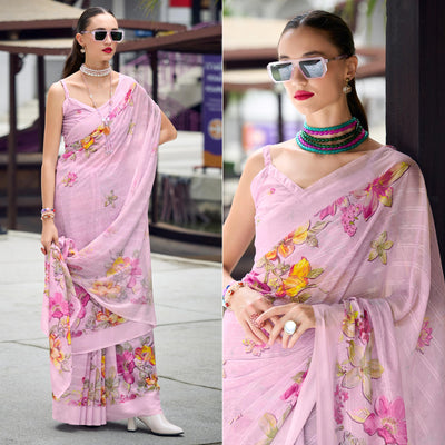 Light Pink Floral Digital Printed Georgette Saree
