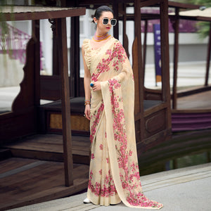 Cream Floral Digital Printed Georgette Saree