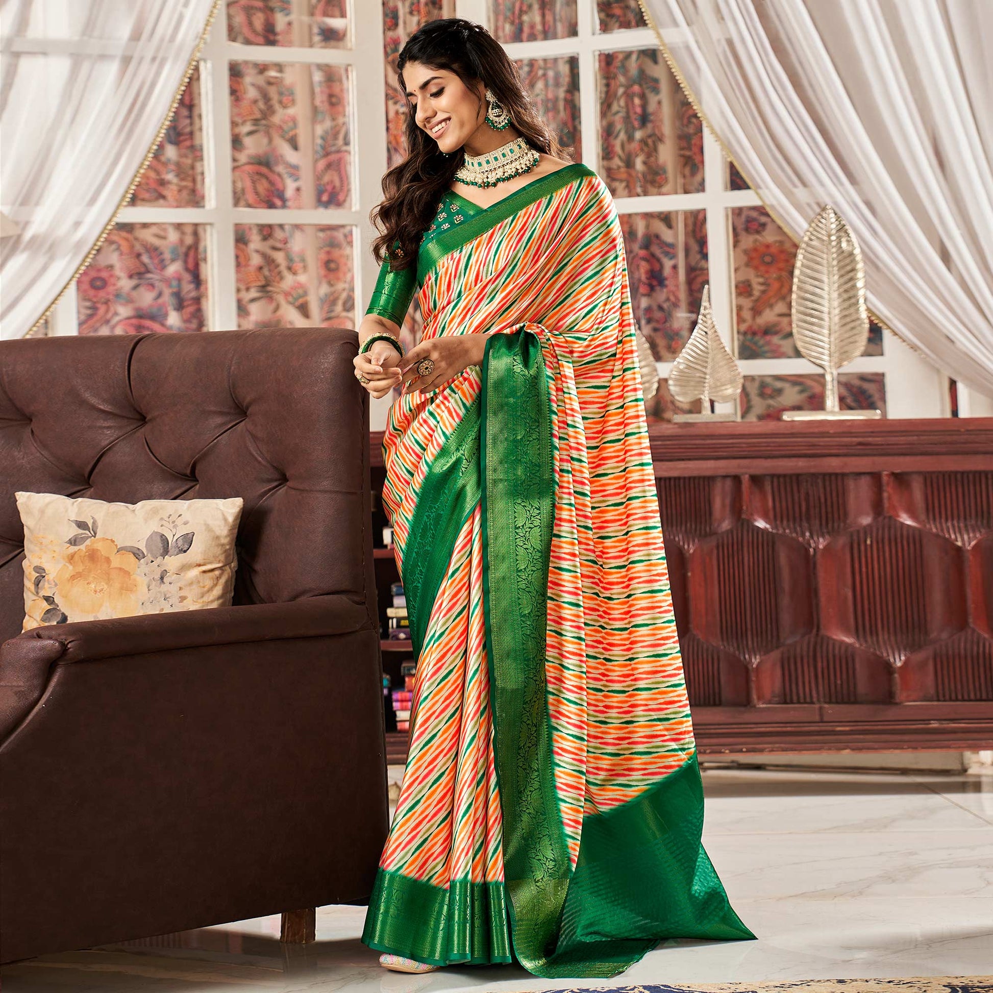 Multicolor Digital Printed Satin Saree