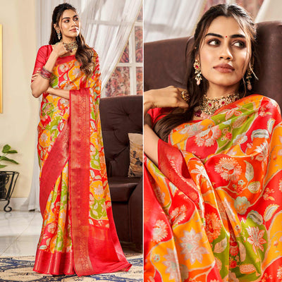 Multicolor Digital Printed Satin Saree