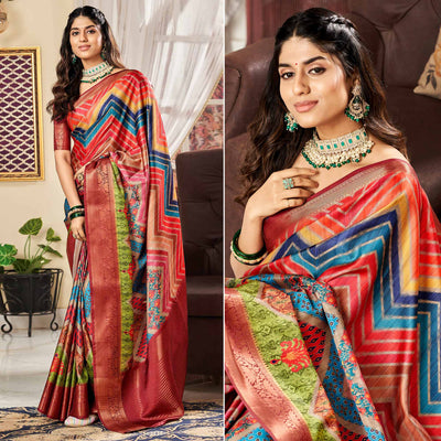 Multicolor Digital Printed Satin Saree