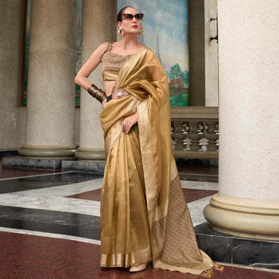 Chikoo Woven Tissue Silk Saree With Tassels