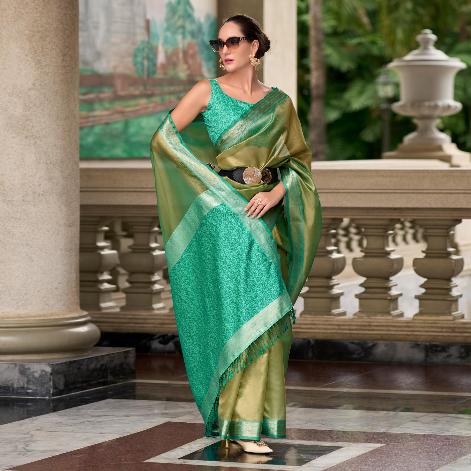 green-turquoise-woven-tissue-silk-saree-with-tassels