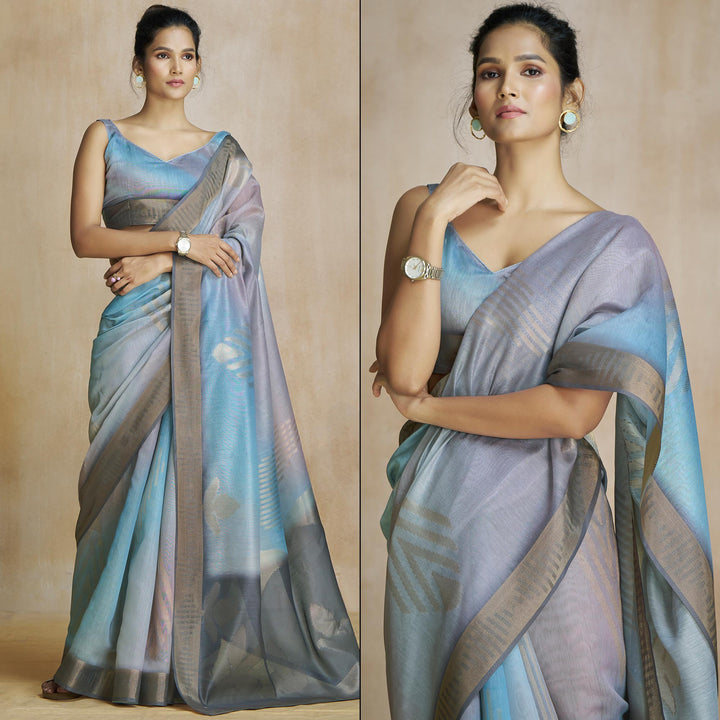 Grey Digital Printed With Woven Pure Silk Ombre Saree