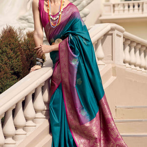 Morpich Blue Zari Weaving Pure Silk Saree