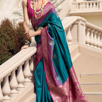 Morpich Blue Zari Weaving Pure Silk Saree