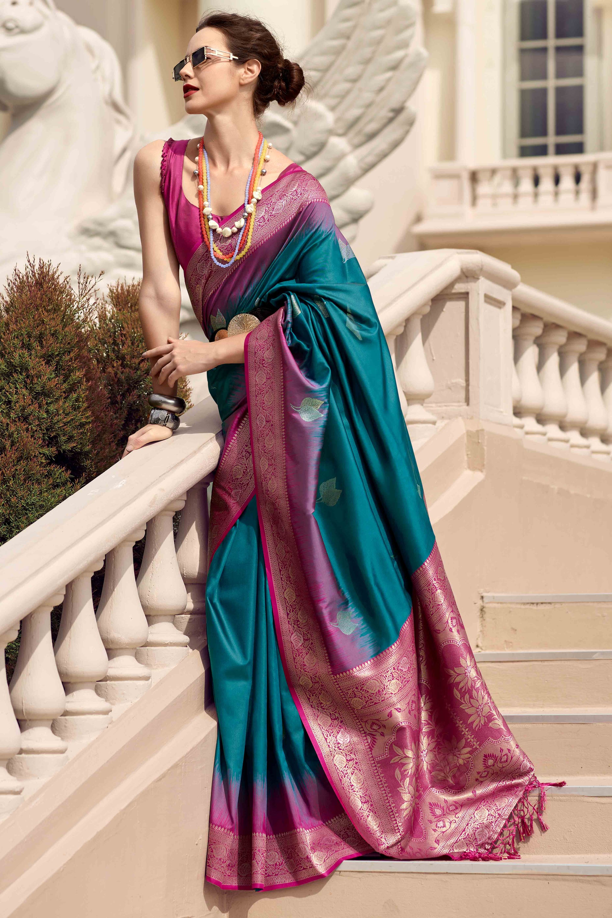 Morpich Blue Zari Weaving Pure Silk Saree