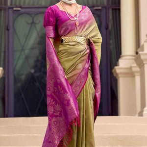 Dark Beige Zari Weaving Pure Silk Saree
