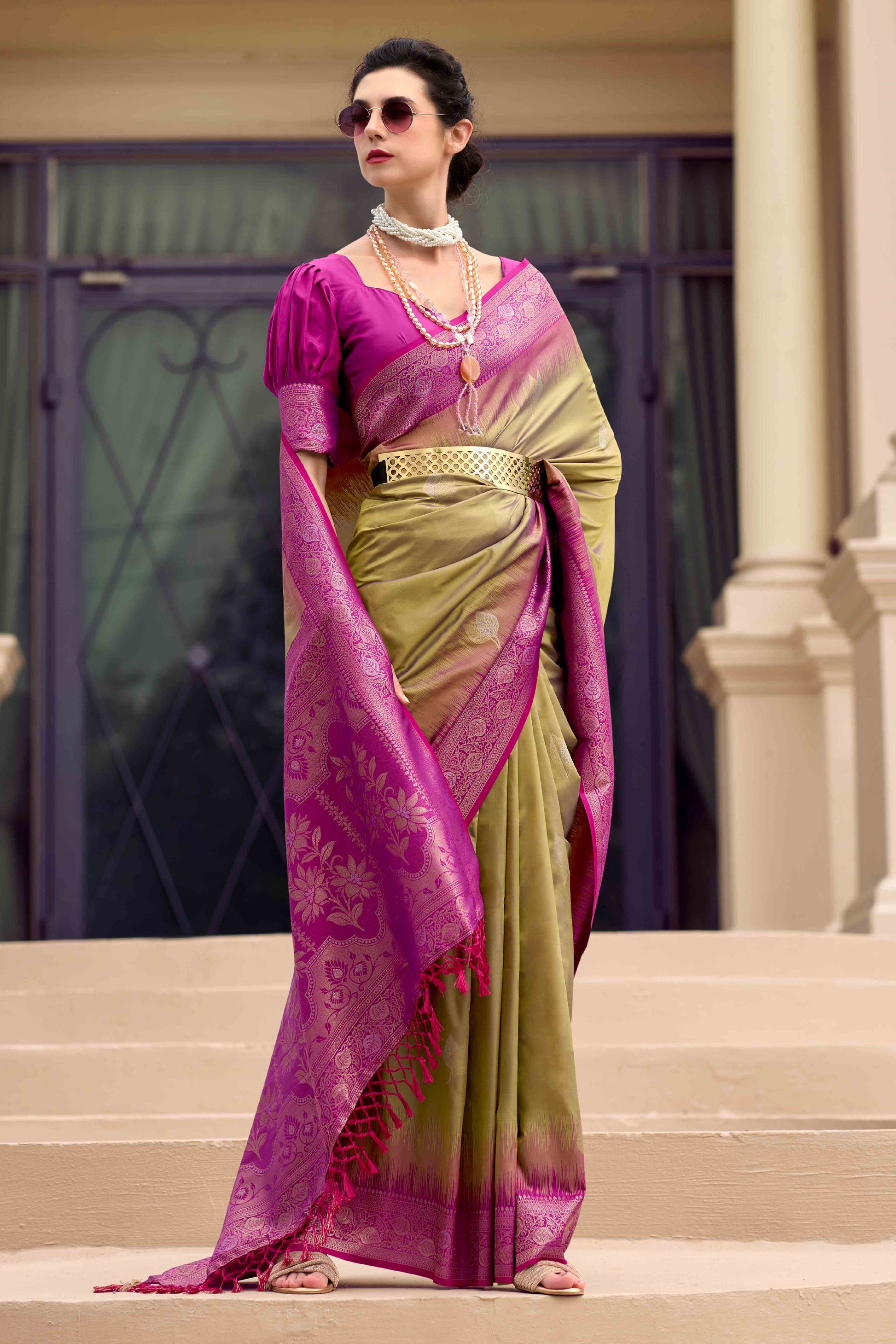 Dark Beige Zari Weaving Pure Silk Saree