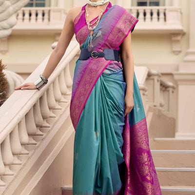 Dusty Teal Zari Weaving Pure Silk Saree