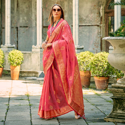 Gajari Pink Floral Woven Tissue Silk Saree With Tassels