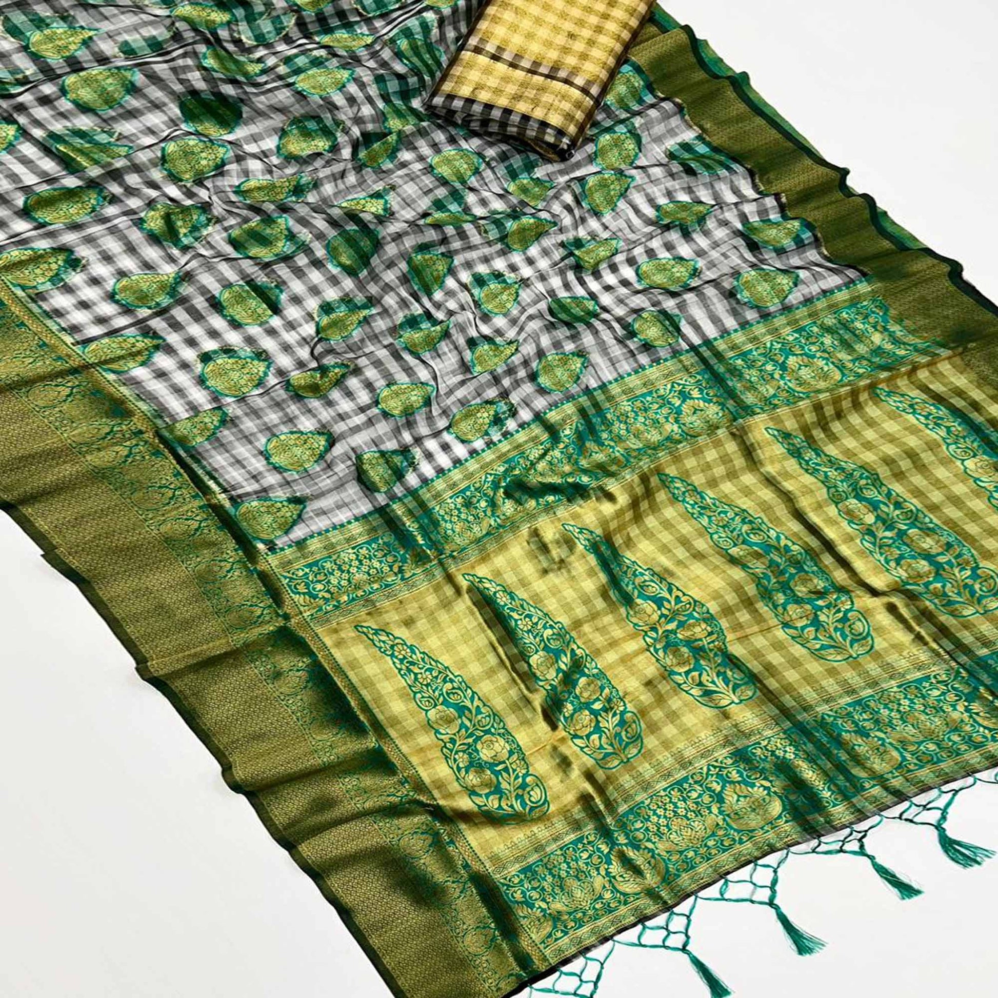 black-checks-woven-organza-saree-with-tassels