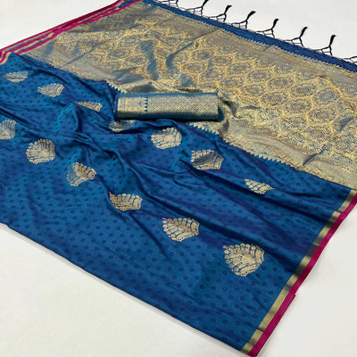 Blue Zari Work Woven Mulberry Silk Saree