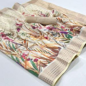 Cream Floral Digital Printed Linen Saree