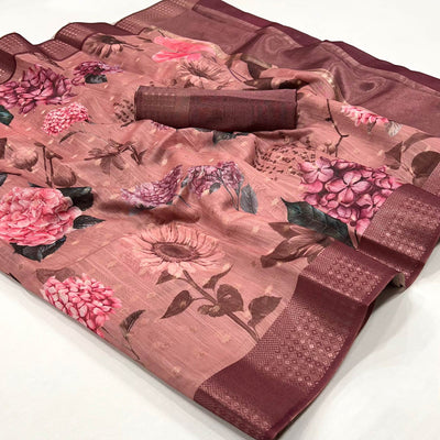 Mauve Floral Digital Printed Linen Saree