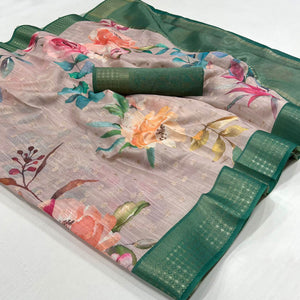 Brown Floral Digital Printed Linen Saree