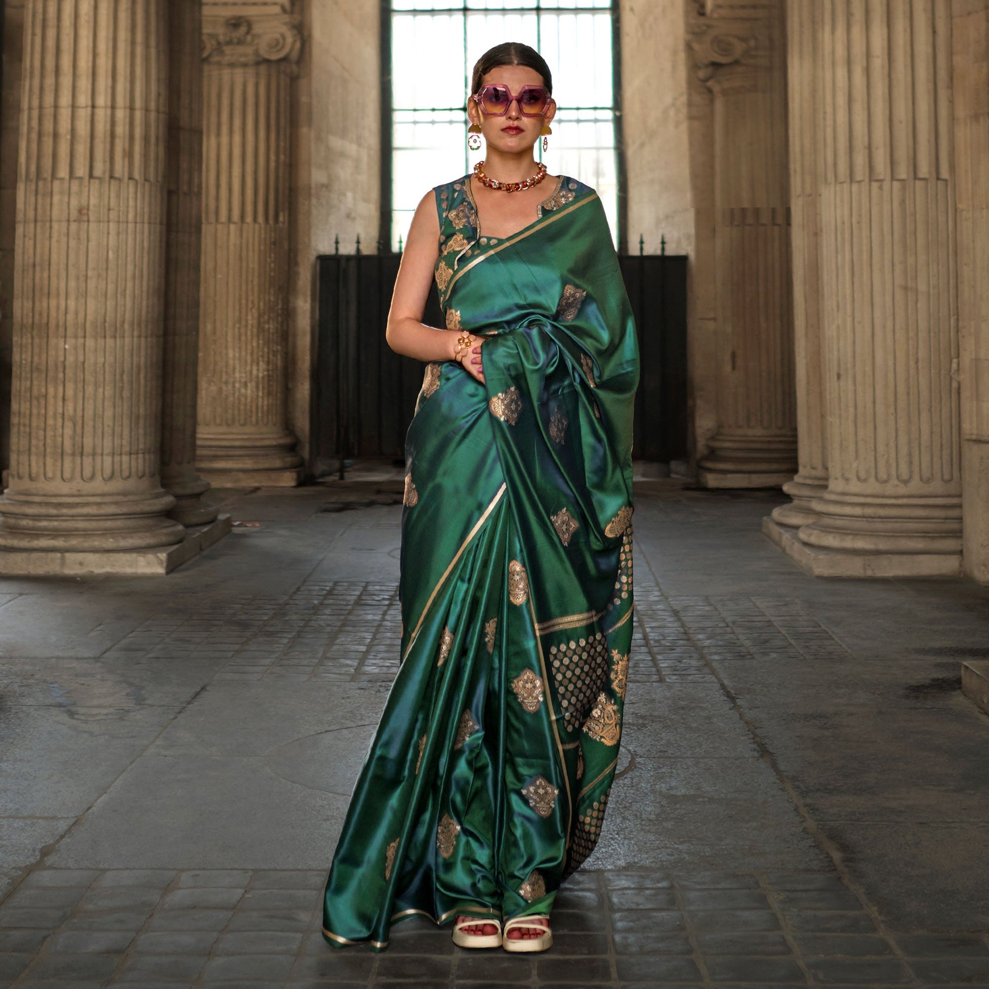 green-floral-woven-satin-saree-with-tassels