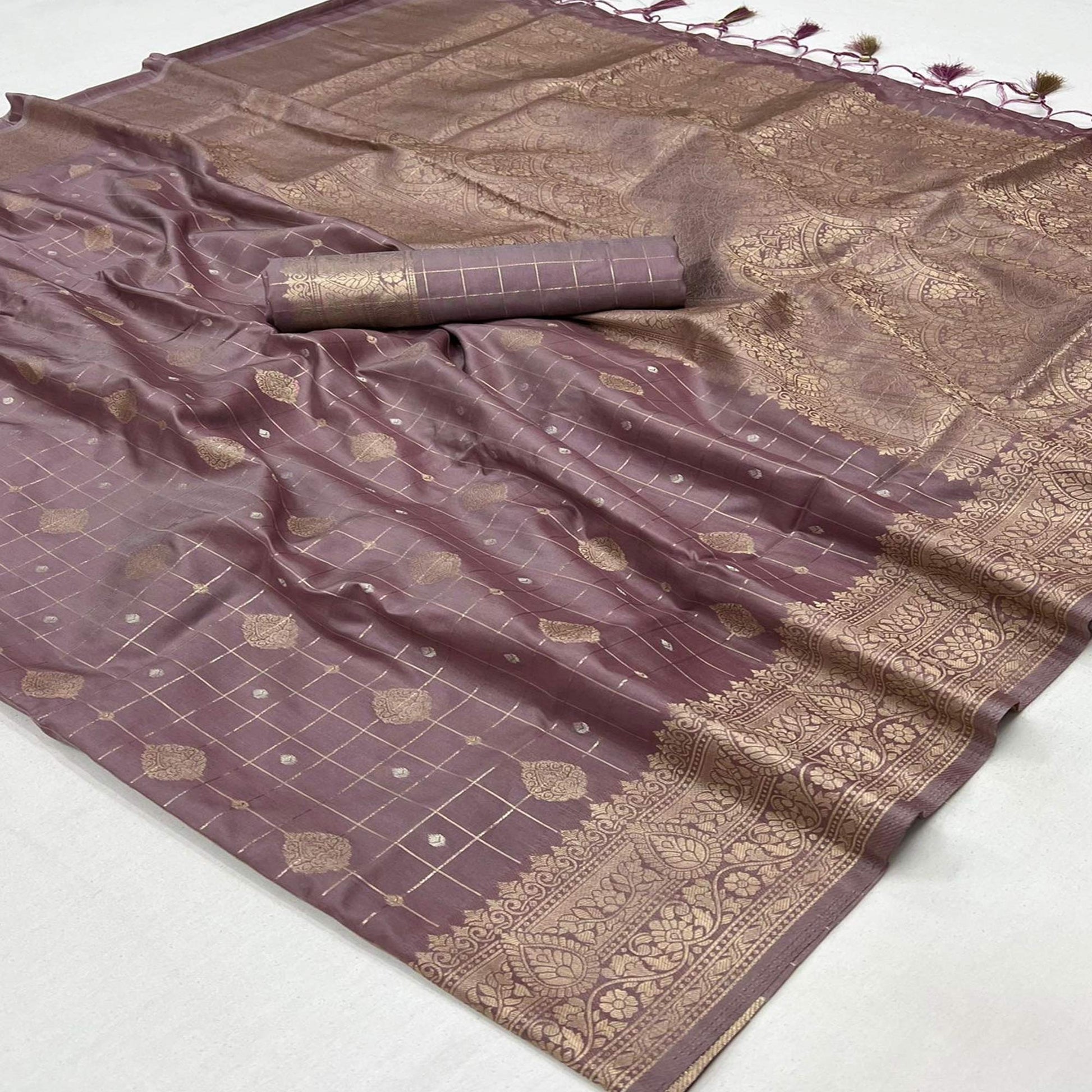 Mauve Woven Art Silk Saree With Tassels