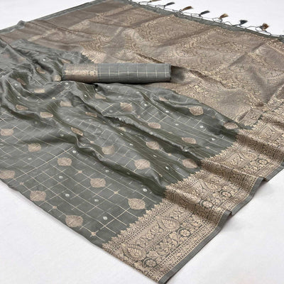 Grey Woven Art Silk Saree With Tassels