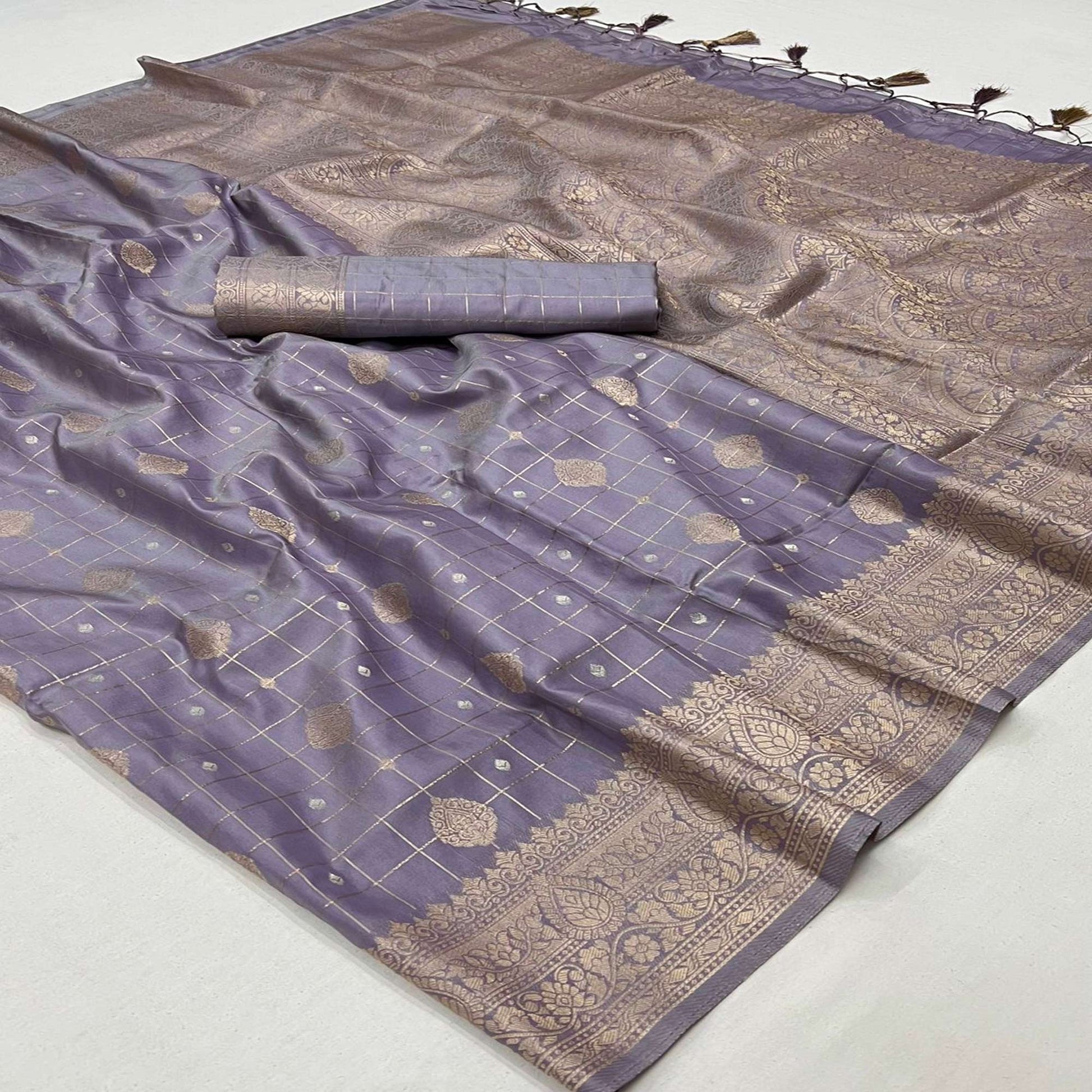 Dusty Lavender Woven Art Silk Saree With Tassels