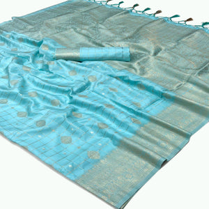 Blue Woven Art Silk Saree With Tassels