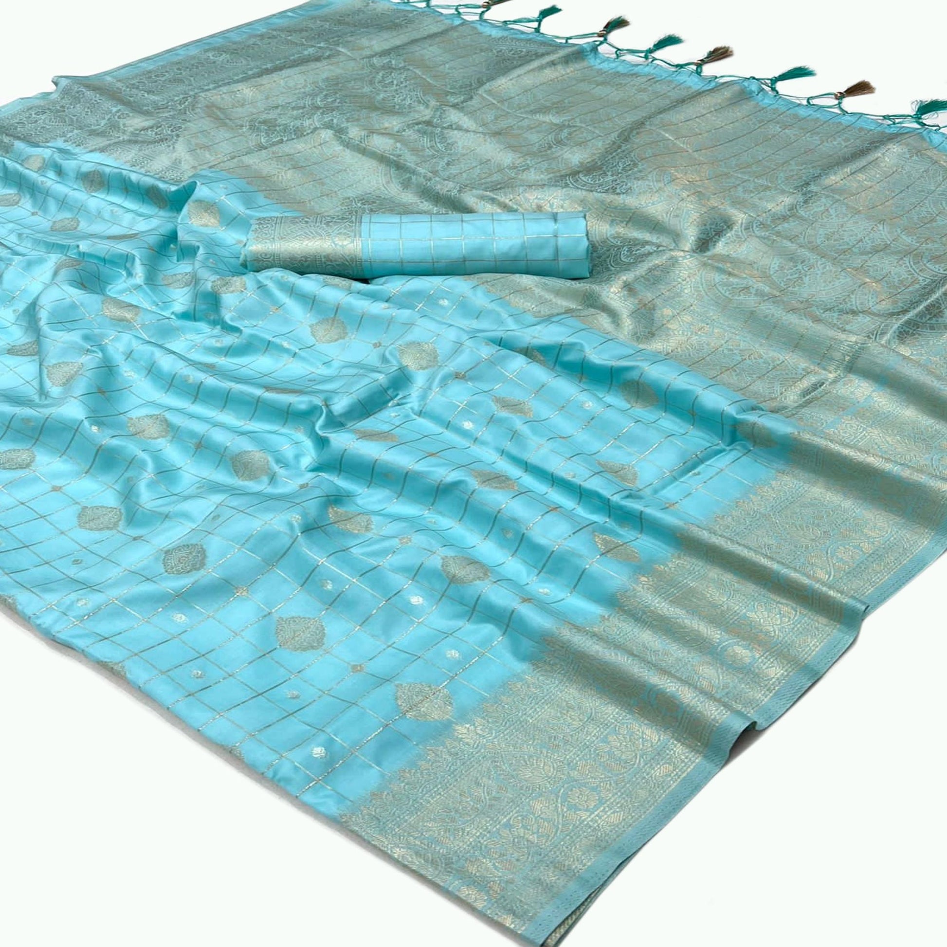Blue Woven Art Silk Saree With Tassels
