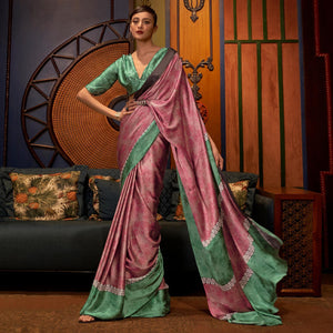 Mauve Floral Printed Satin Saree