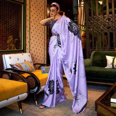 Lavender Floral Printed Satin Saree
