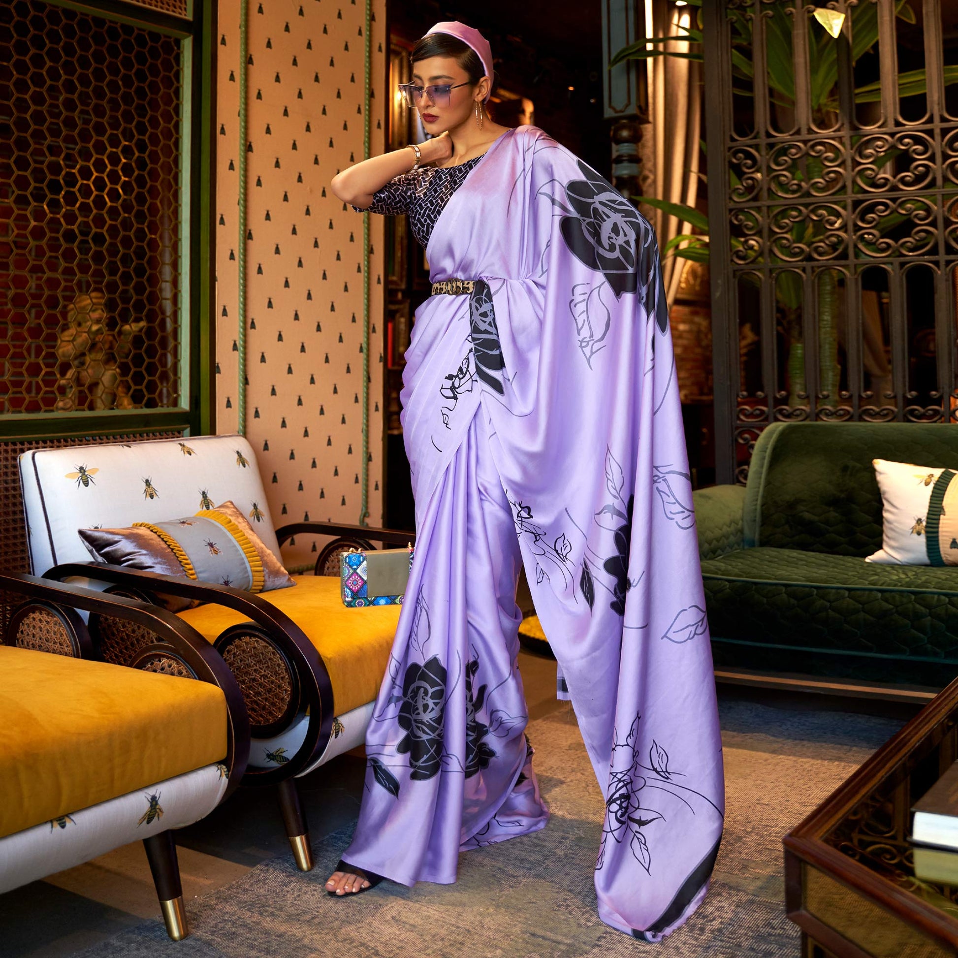 Lavender Floral Printed Satin Saree