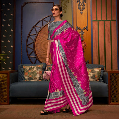 Magenta Floral Printed Satin Saree