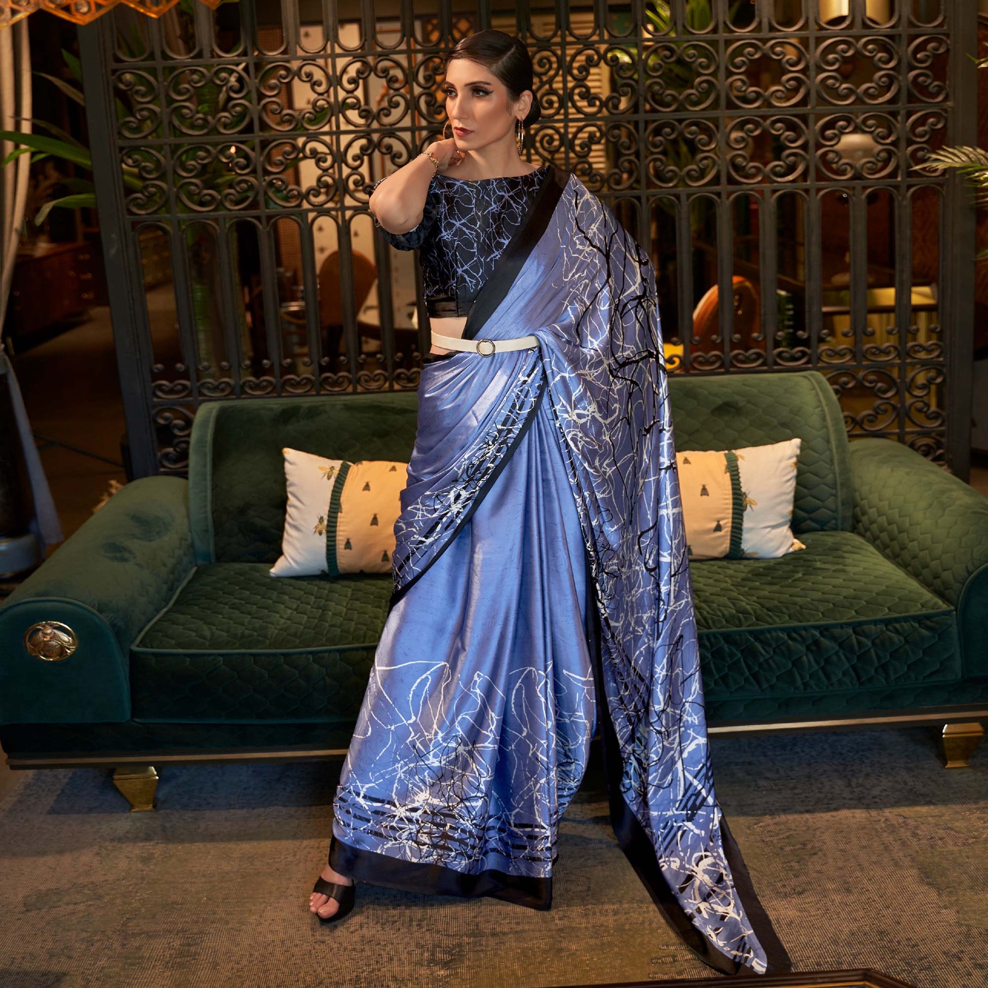 Lavender Blue Printed Satin Saree