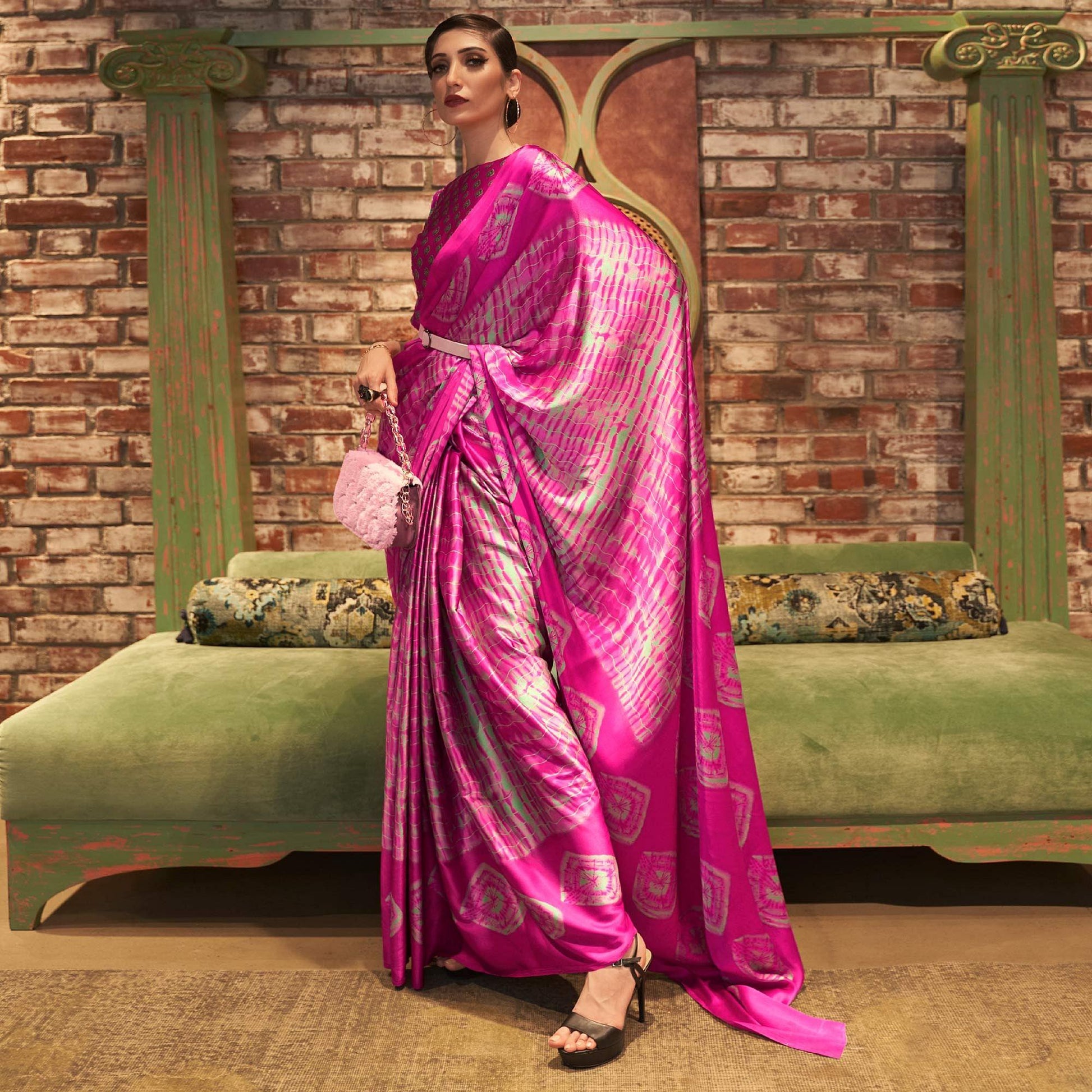 Magenta Printed Satin Saree