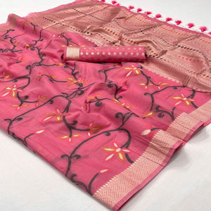Gajri Pink Floral Woven Cotton Silk Saree With Tassels