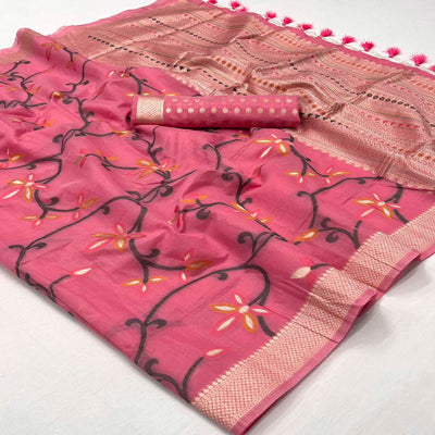 Gajri Pink Floral Woven Cotton Silk Saree With Tassels
