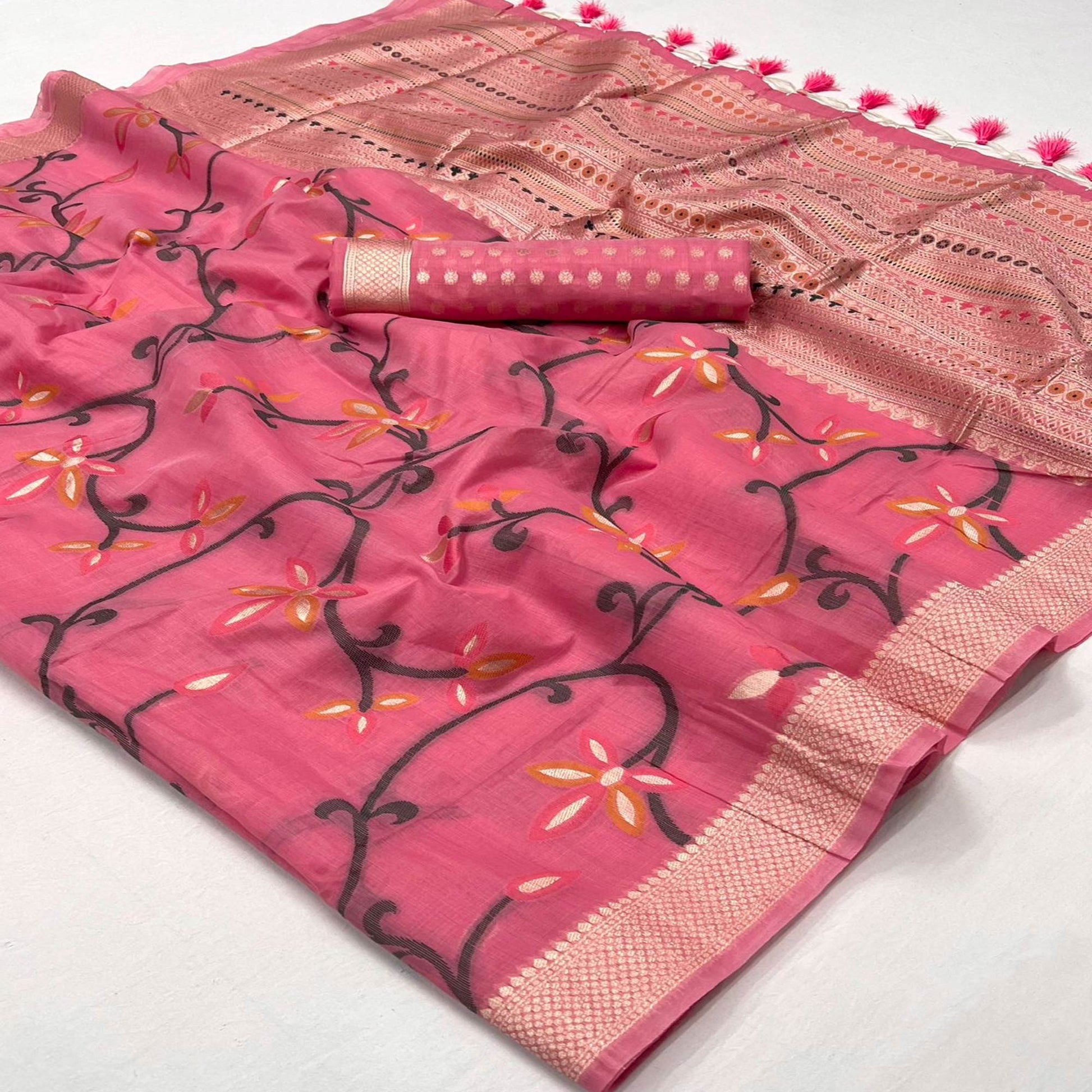 Gajri Pink Floral Woven Cotton Silk Saree With Tassels