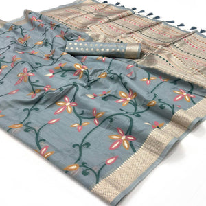 grey-floral-woven-cotton-silk-saree-with-tassels-1
