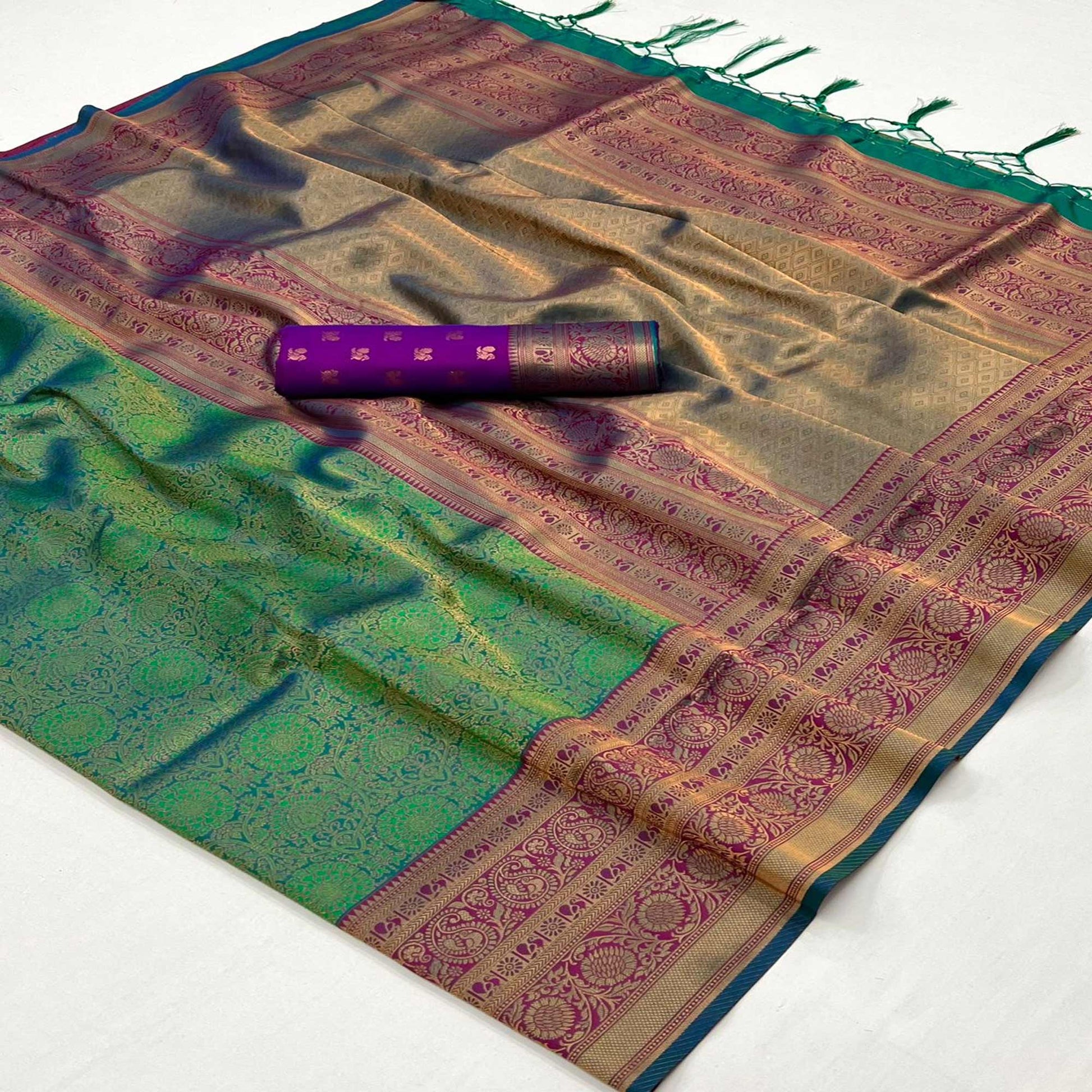 green-floral-woven-art-silk-saree-with-tassels-2