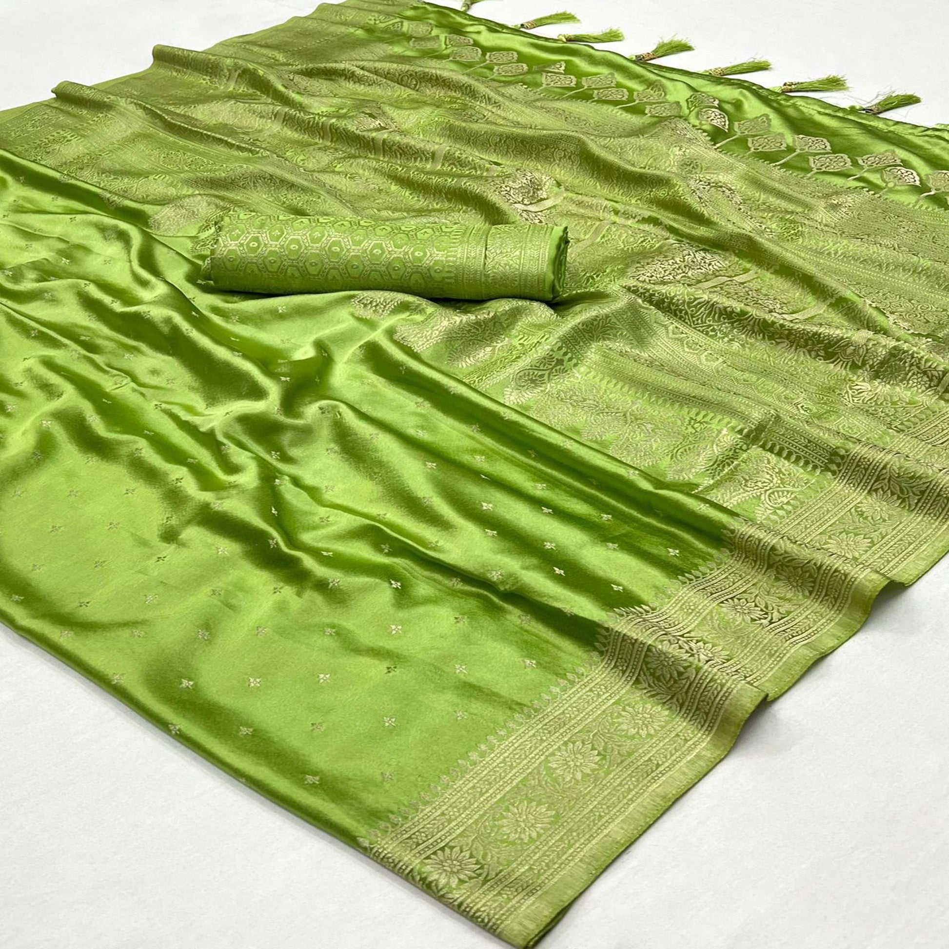 green-zari-woven-satin-saree-with-tassels