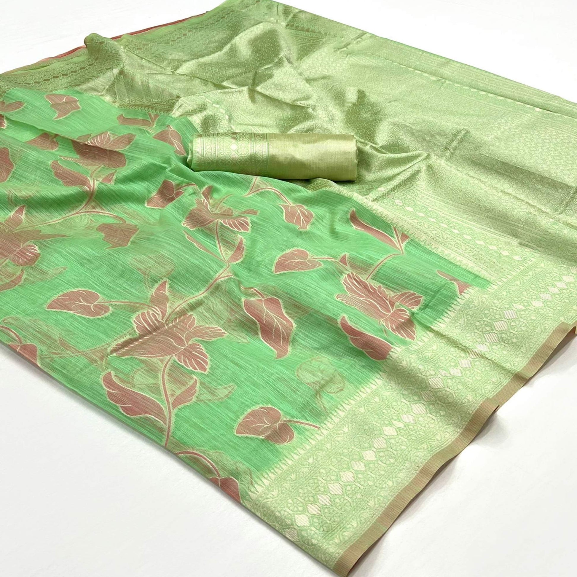 green-floral-woven-linen-saree-with-zari-work