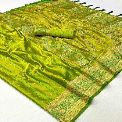 green-woven-zari-border-satin-saree-with-tassels
