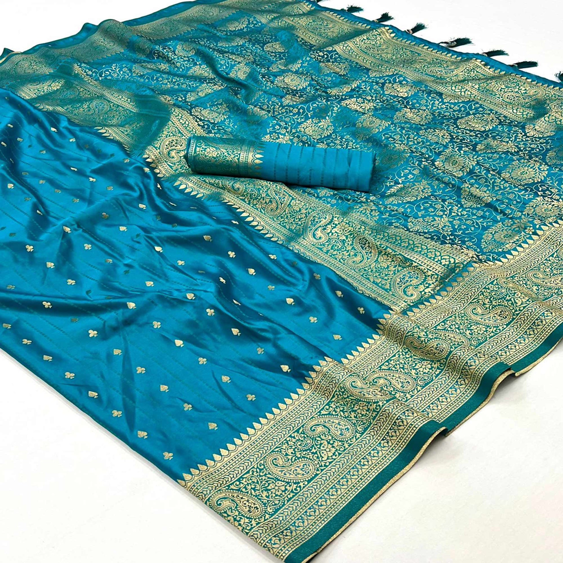 Blue Woven Zari Border Satin Saree With Tassels