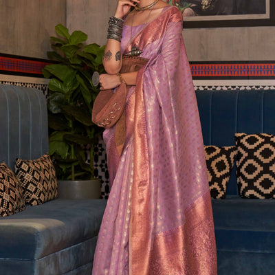 Lavender Handloom Zari Woven Tissue Saree