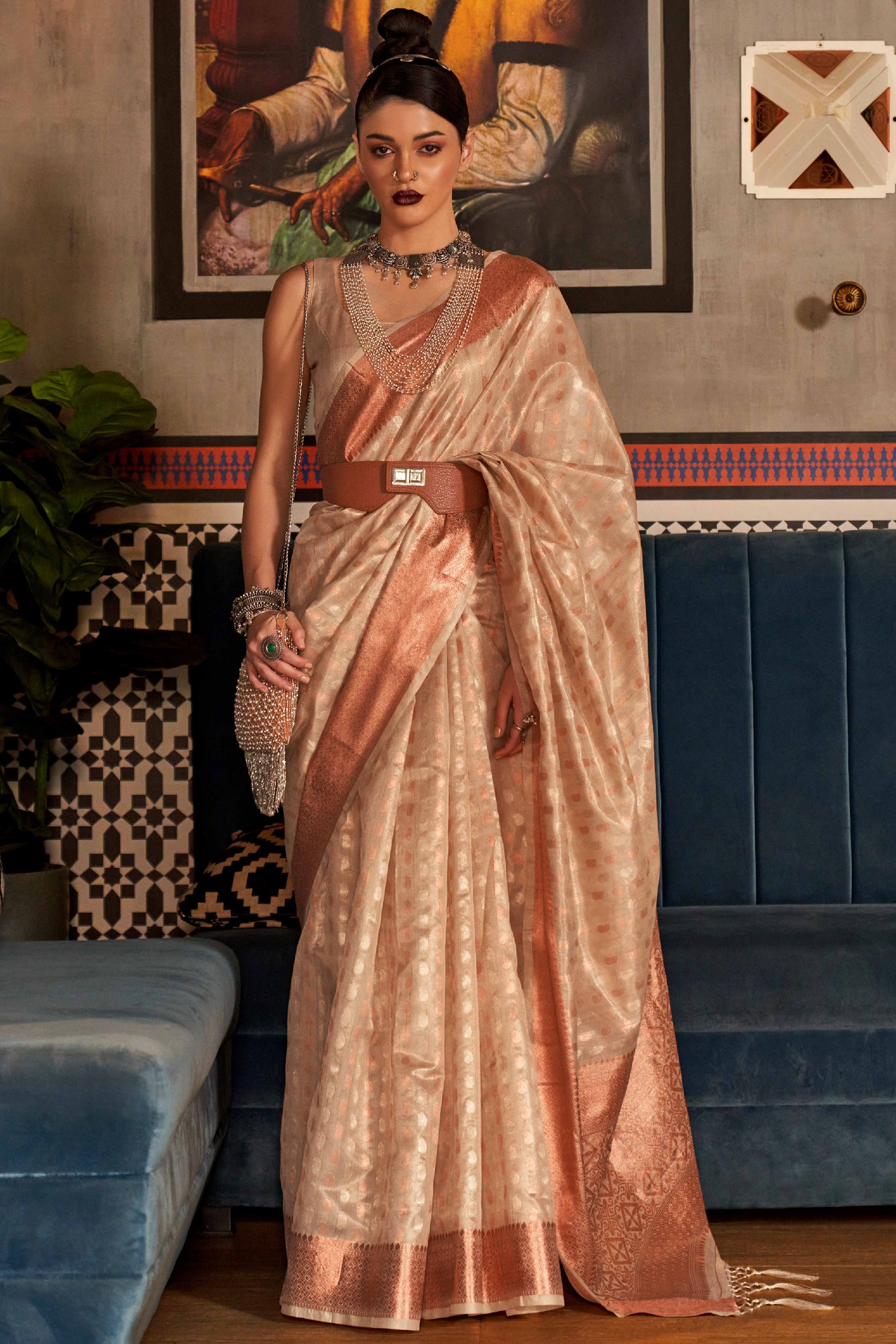 Cream Handloom Zari Woven Tissue Saree