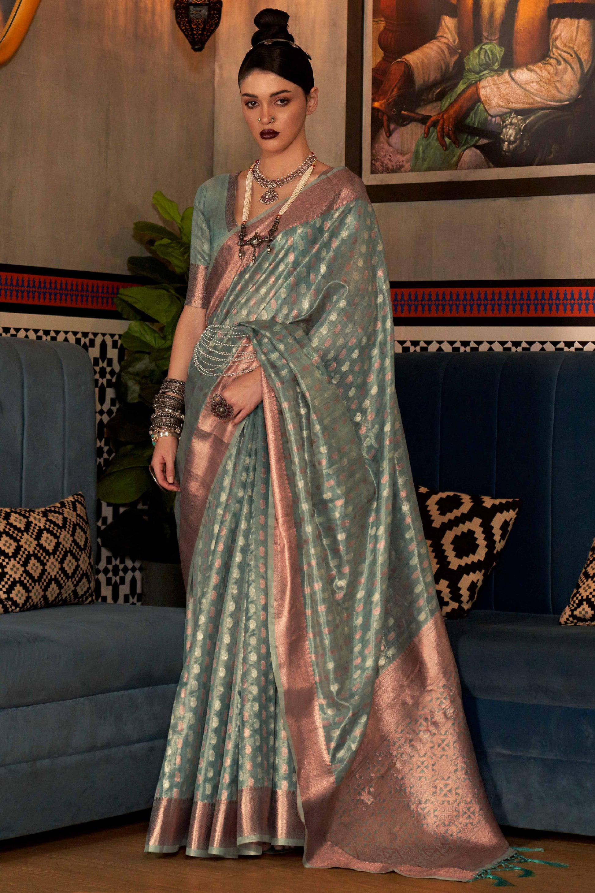Light Blue Handloom Zari Woven Tissue Saree