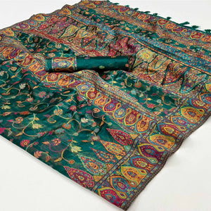 green-woven-kashmiri-organza-saree-with-tassels