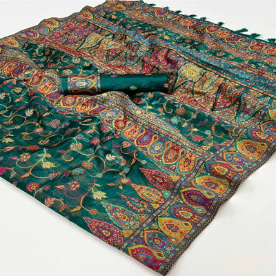 green-woven-kashmiri-organza-saree-with-tassels