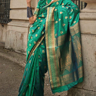 Emerald Green Floral Zari Work Woven Banarasi Silk Saree