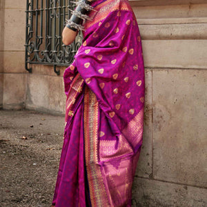 Magenta Floral Zari Work Woven Banarasi Silk Saree